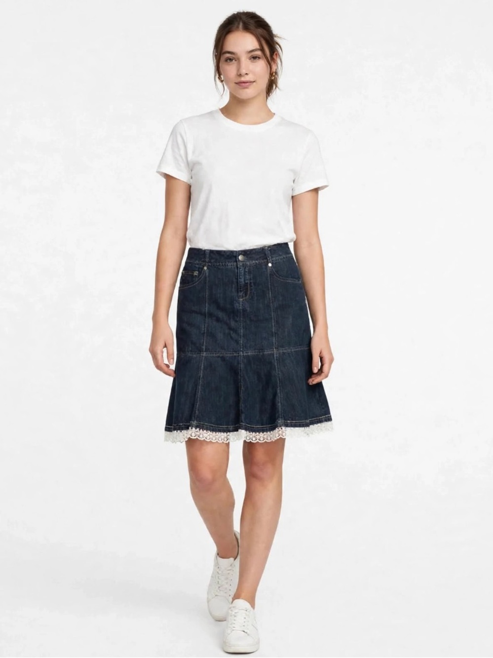 Dark Wash Denim Flared Skirt with Lace Trim